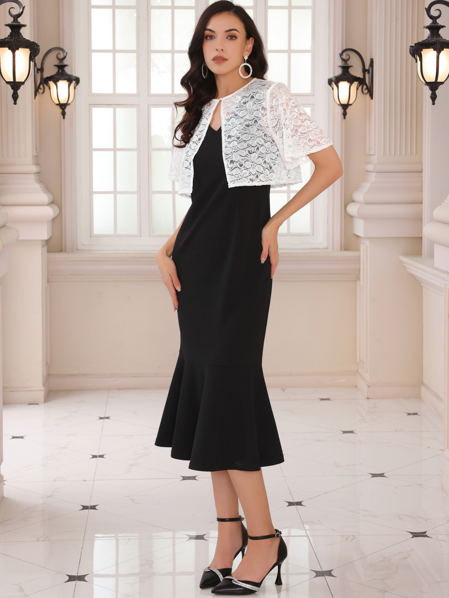DARING DIVA Mother of the Bride Dress with Lace Shrug 2 Pieces S Black