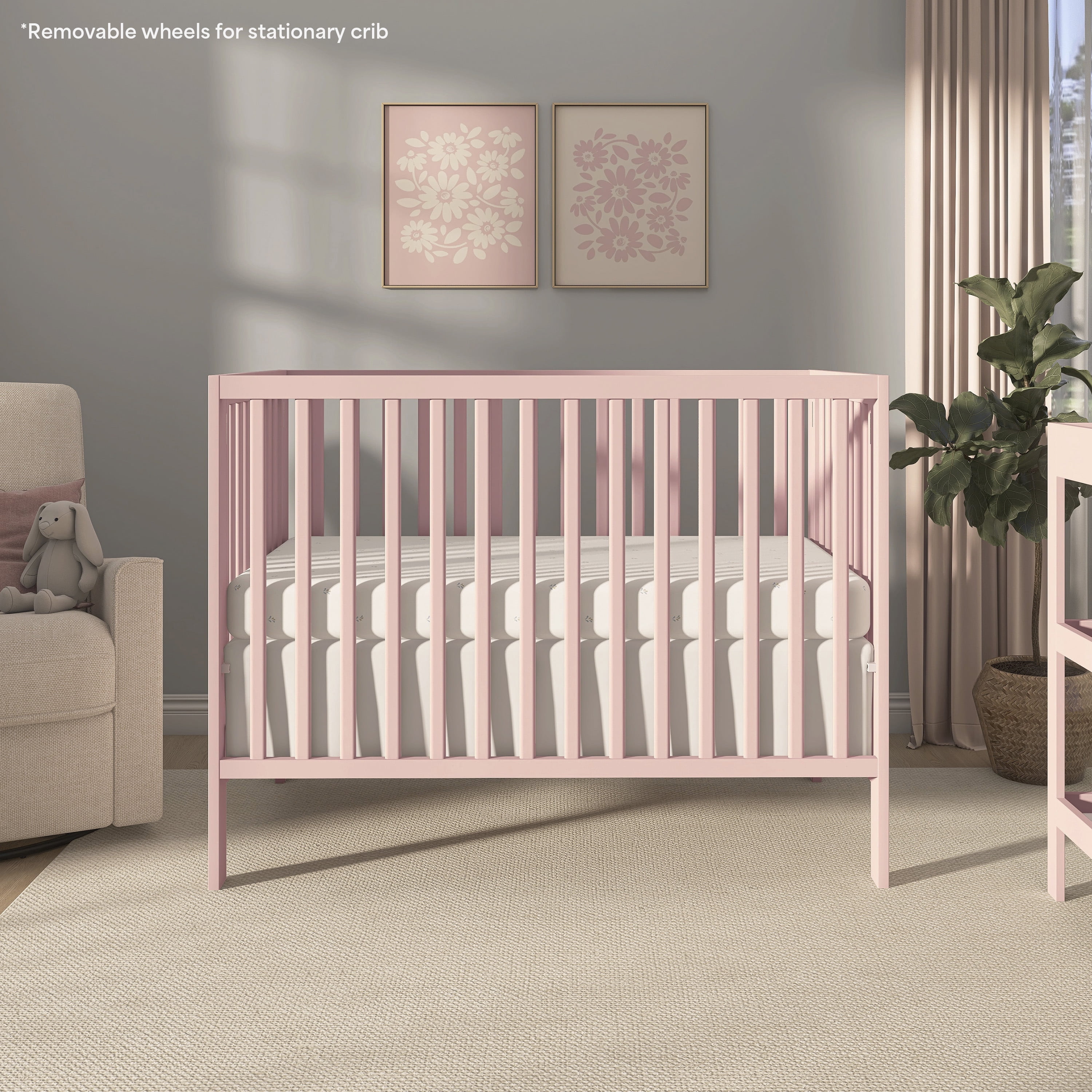 Dream On Me Quinn Full-Size Folding Crib, Patent Folding System in Blush Pink