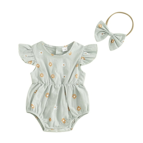 Musuos Baby Girls Summer Rompers 3M 6M 12M 18M Flying Sleeve Crew Neck Floral Bodysuit with Headband