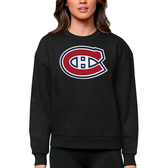 Women's Antigua Black Montreal Canadiens Primary Logo Team Logo Victory Crewneck Pullover Sweatshirt