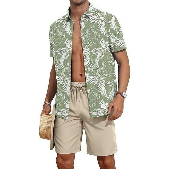 Aiyino Men's Flower Button Down Hawaiian Outfit Sets Casual Short Sleeve Shirt and Shorts Suits