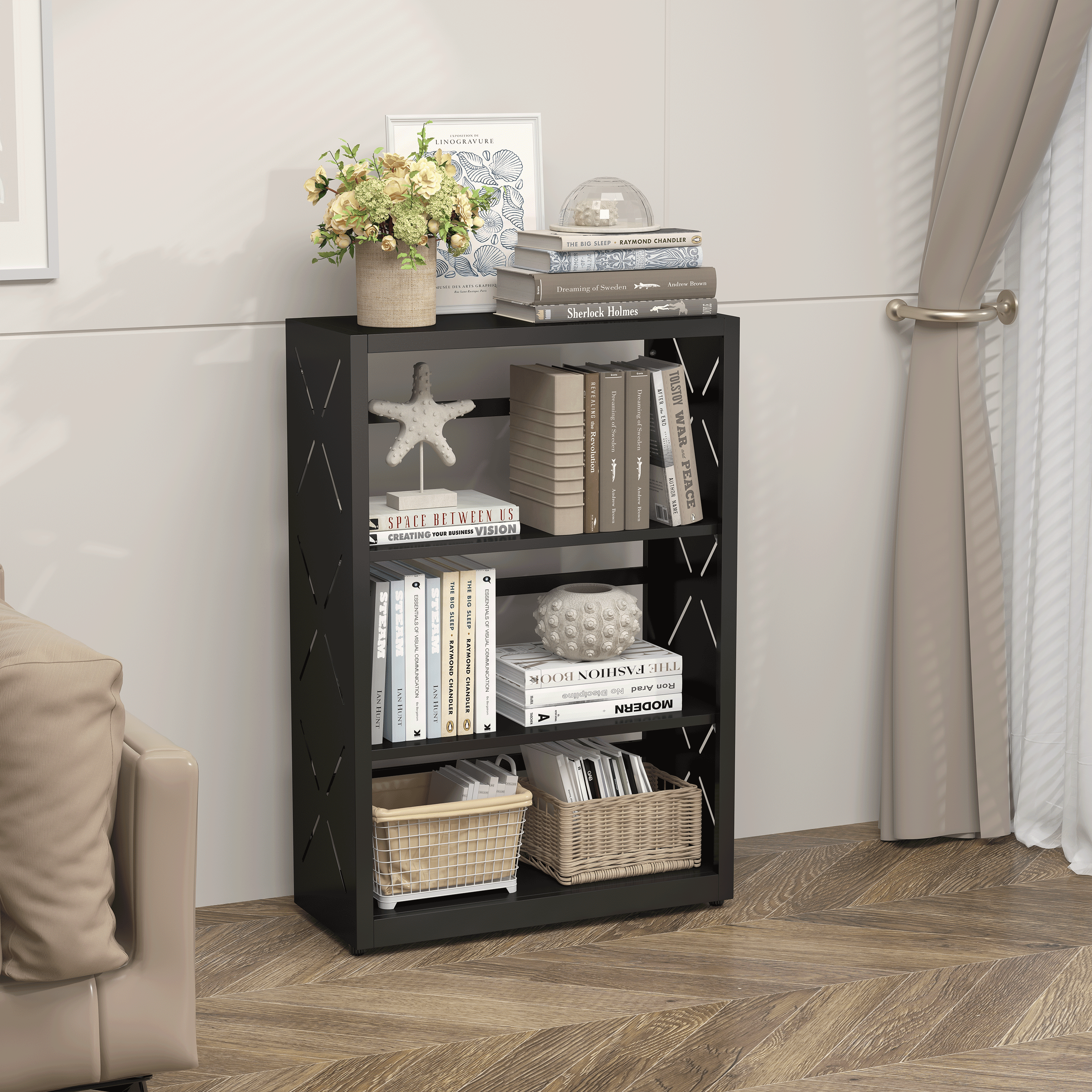 Polup Industrial Style 3-Tier Freestanding Bookcase with Adjustable Metal Shelves, Black, 1-Pack