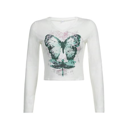 Women Y2K Long Sleeve Crop Top Vintage T-Shirt Blouse Graphic Tee Streetwear