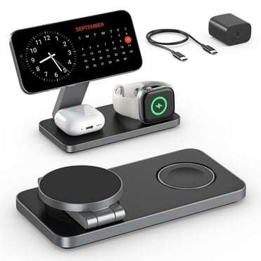 3-in-1 Magnetic Foldable Wireless Charging Station - Fast Charging Compatible with MagSafe (iPhone 16/15/14/13/12), Apple Watch 4 5 6 7 8 9 10 SE/Ultra & AirPods Pro/4/3/2