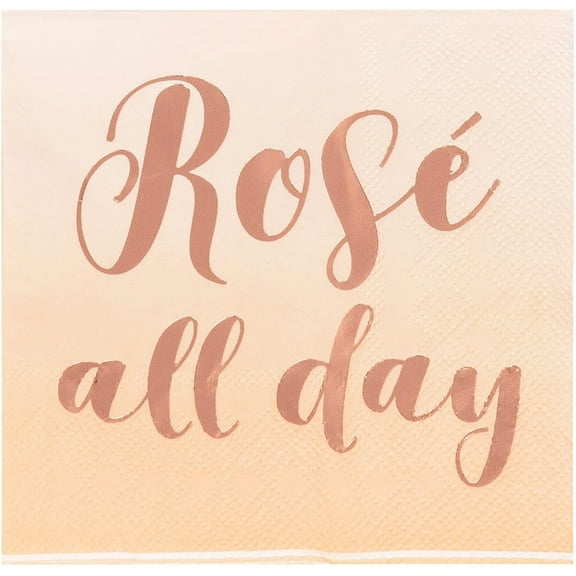 Cocktail Napkins - 50-Pack Rose All Day in Rose Gold Foil Disposable Paper Napkins, 3-Ply, Bridal Shower, Wine Party Decoration Supplies, Rose Gold and White, Folded 5 x 5 inches