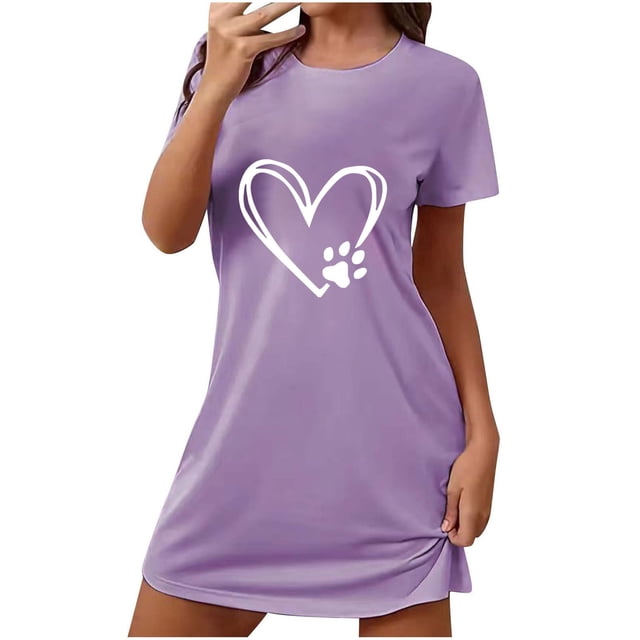 Chemise de Nuit Grande Taille, Chemise de Nuit Courte pour Femmes avec Imprimé de la Saint-Valentin, Robe de Détente Légère et Décontractée, Col Rond Manches Courtes pour l'Été à la Maison