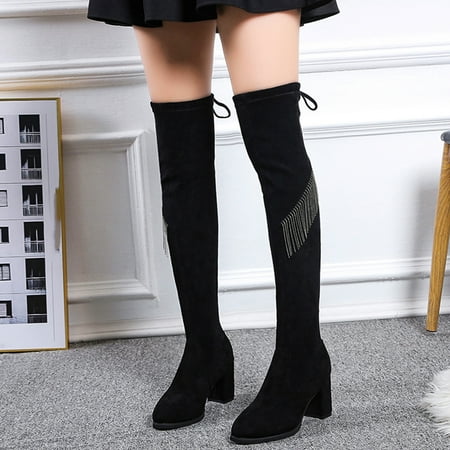 

Akiihool Work Boots for Women Winter Boots for Women High Heel Platform Boots Low Heel Stretchy Round Toe with Side Zipper (Black 7)