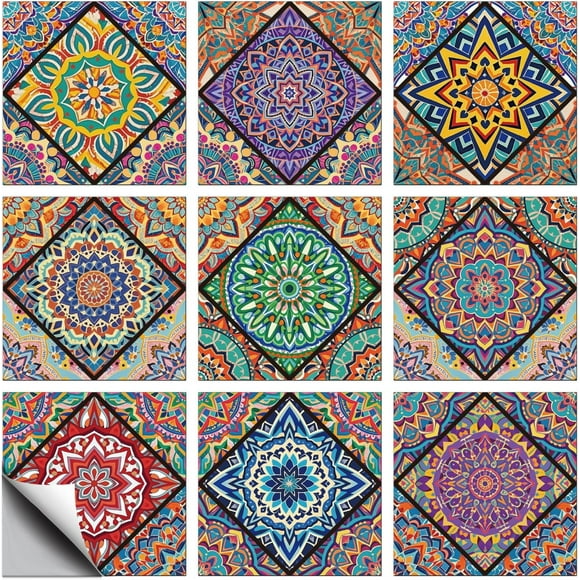 36 Pcs 9 Style Tile Stickers Geometric Patterns Peel and Stick Wall Tile Stickers Mandala Patterns Waterproof Self Adhesive Stick on Tiles Decals for Kitchen Bathroom Wall Art Decor 4×4 Inch