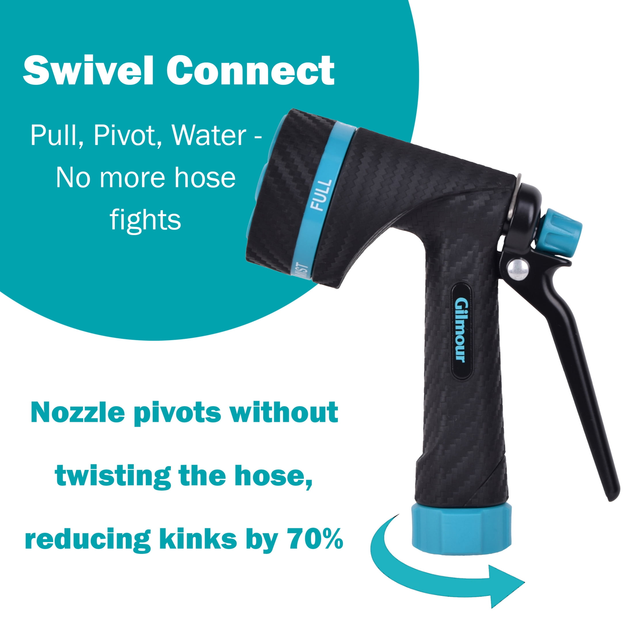 Gilmour Heavy Duty Swivel Connect Adjustable Hose Nozzle, Jet to Mist, Front Trigger Control, Ergonomic Non-Slip Grip