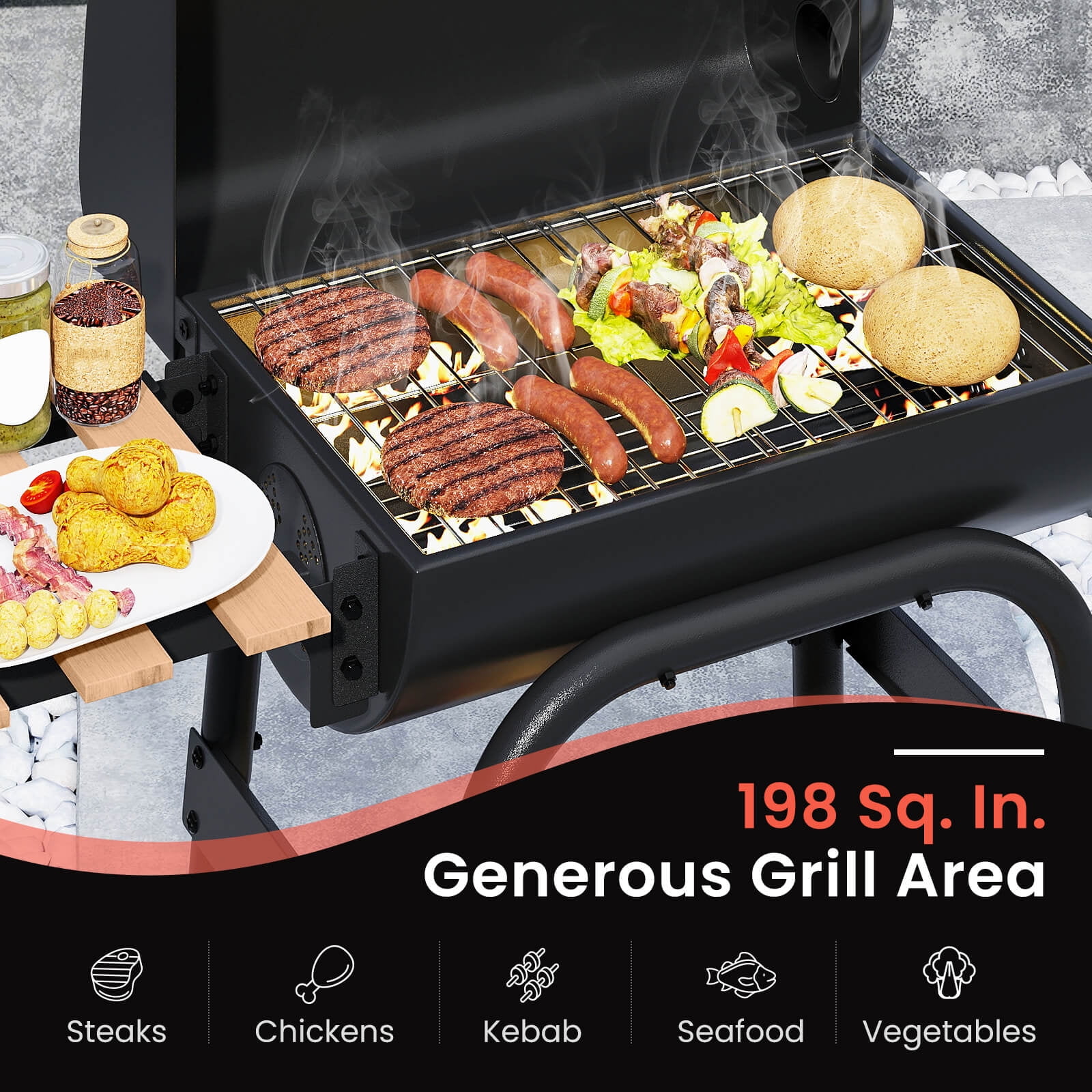 Costway Barrel Charcoal Grill with Foldable Side Table Built-in Thermometer & Storage Shelf