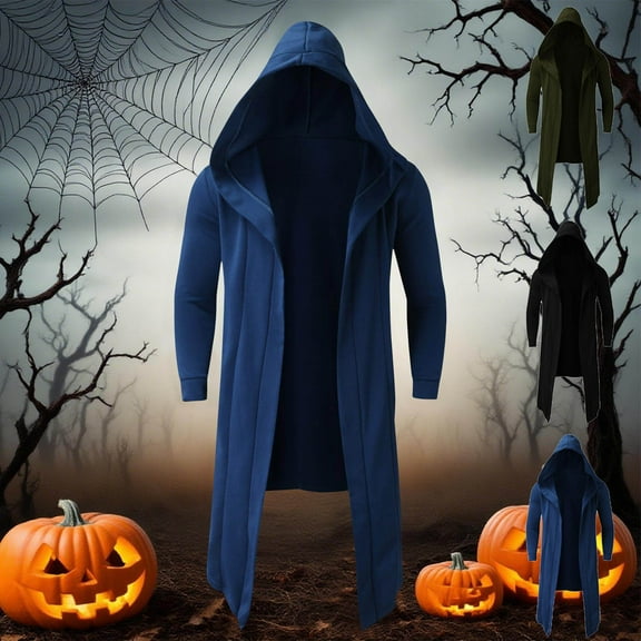Hinvhai Mens Long Cardigan Open Front Draped Lightweight Hooded Sweater with Pockets Blue XL(XL)
