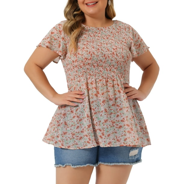 Blusas de gasa de talla grande Agnes Orinda para mujeres, blusa de peplum floral con mangas cortas y fruncido, 2X, rosa y verde