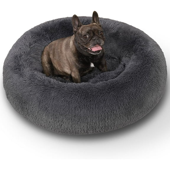 Calming Dog Bed Anti-Anxiety Round Donut Dog Beds Large Sized Dog Cat Beds for Indoor Cats Fluffy Comfort Large Dog Bed with Ultra-Soft Plush Washable Dog Bed with Non-Skid Bottom, 36", Gray
