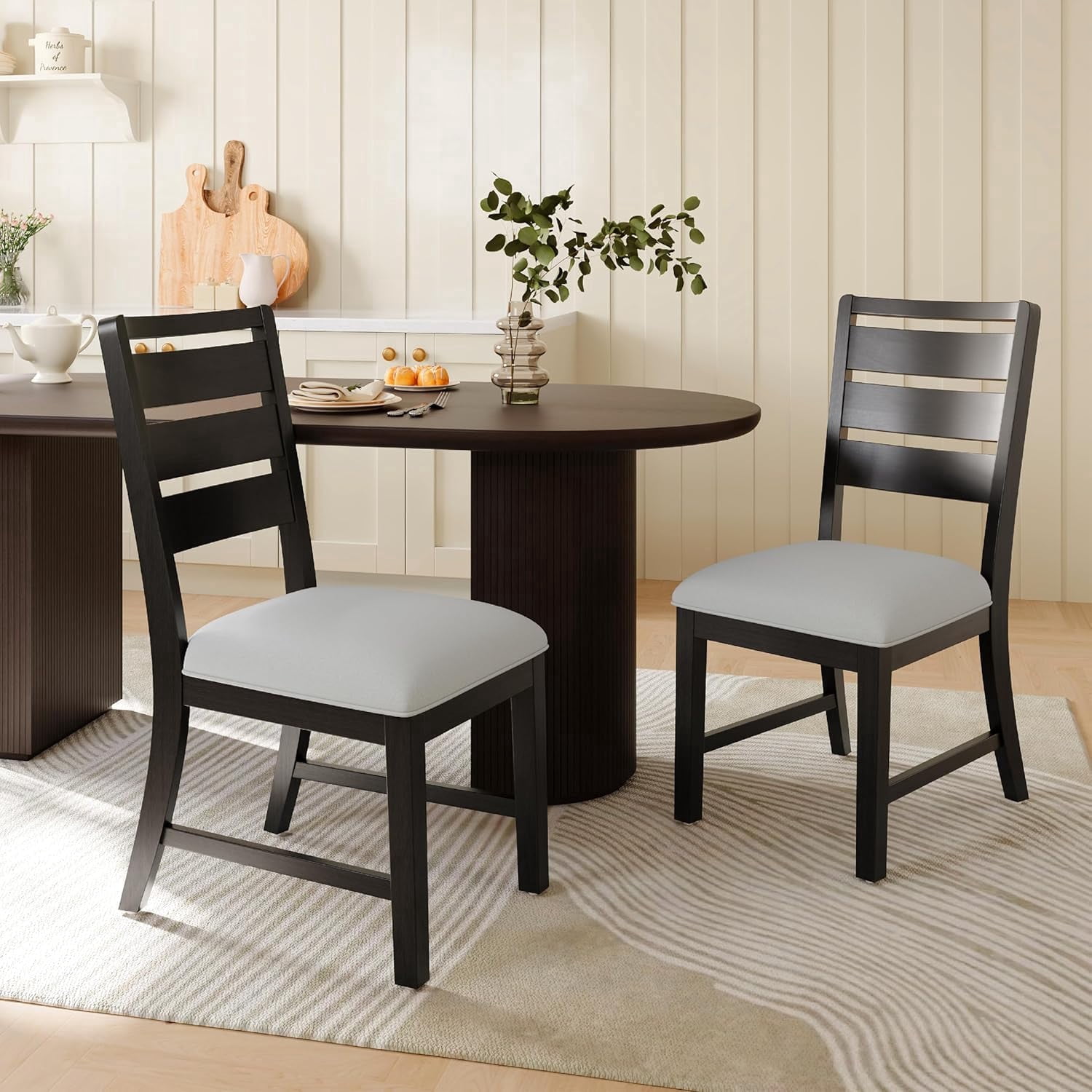 COLAMY SERA Solid Wood Dining Chair Set of 4 with Fabric Upholstered Cushion, Ladder Back Farmhouse Kitchen Chair, Modern Two-Tone Chair for Home and Restaurant, Black