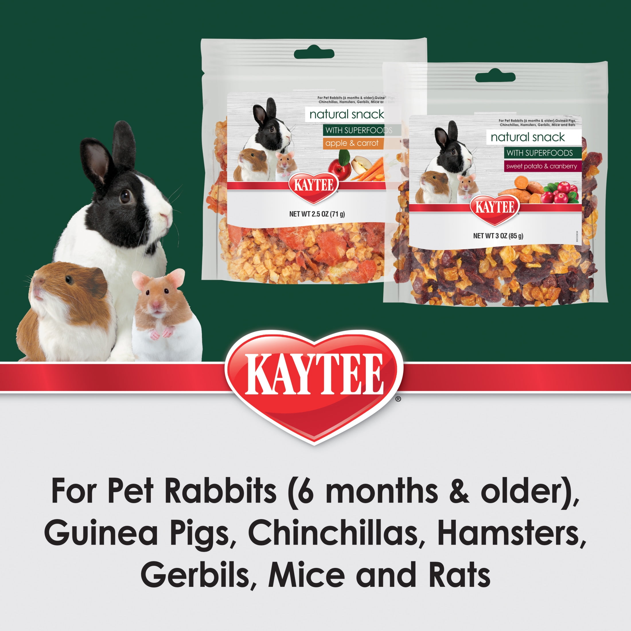 (3 pack) Kaytee Natural Snack with Superfoods, Carrot & Apple, Treat for Small Animals, 2.5 Ounces