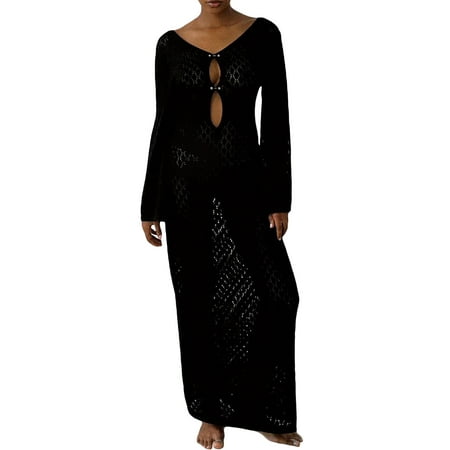 Cathery Women Long Knit Swimwear Cover Up Dress Hollow-Out Bodycon Crochet Beach Cover Up Backless Bikini Cover Up Dresses