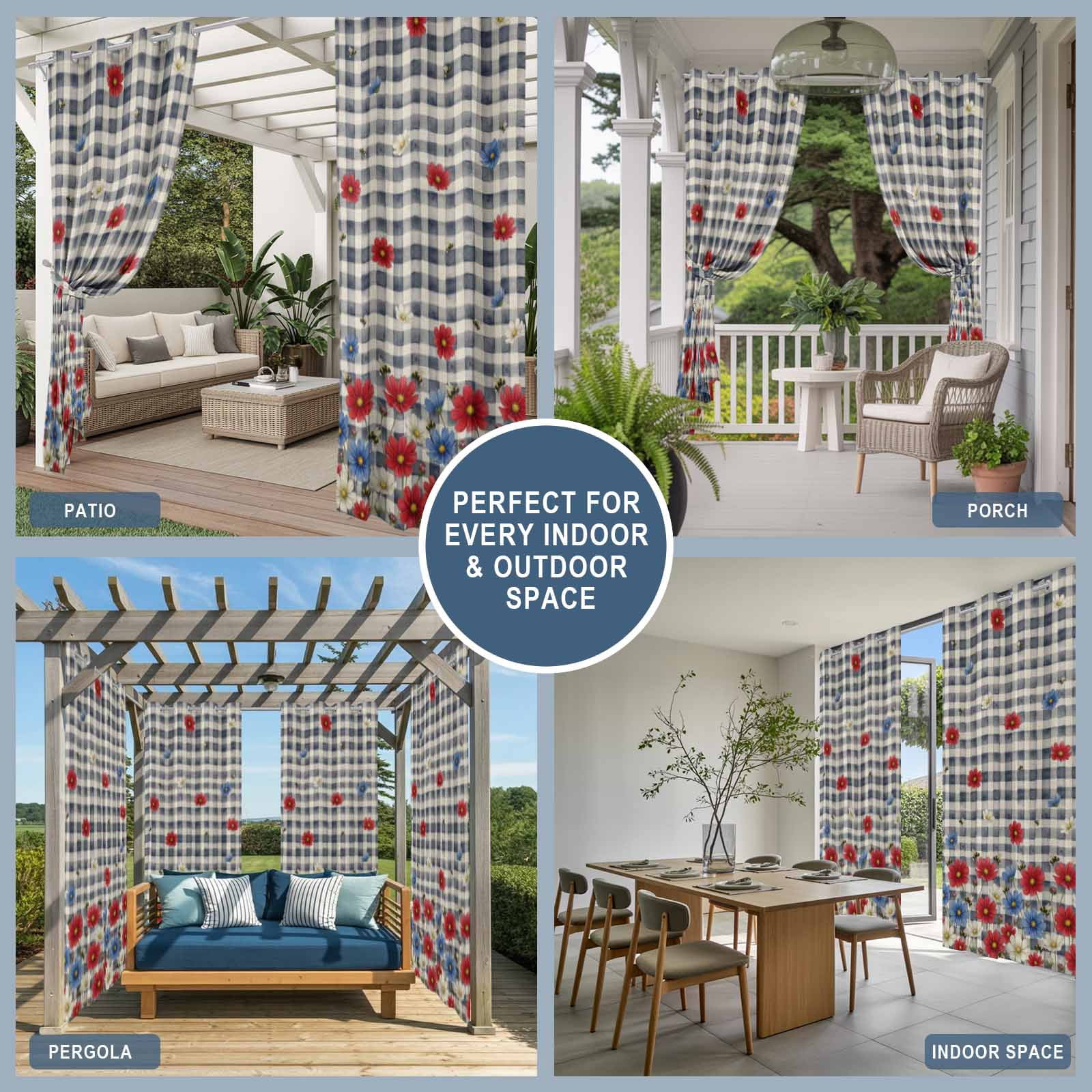 Independence Day Outdoor Curtains for Patio, Watercolor Red Blue White Daisy Farm Bee Black Plaid Sunshade Privacy Drapes Grommet Waterproof Outside Curtains for Porch Balcony 54"x108", 1 Panel