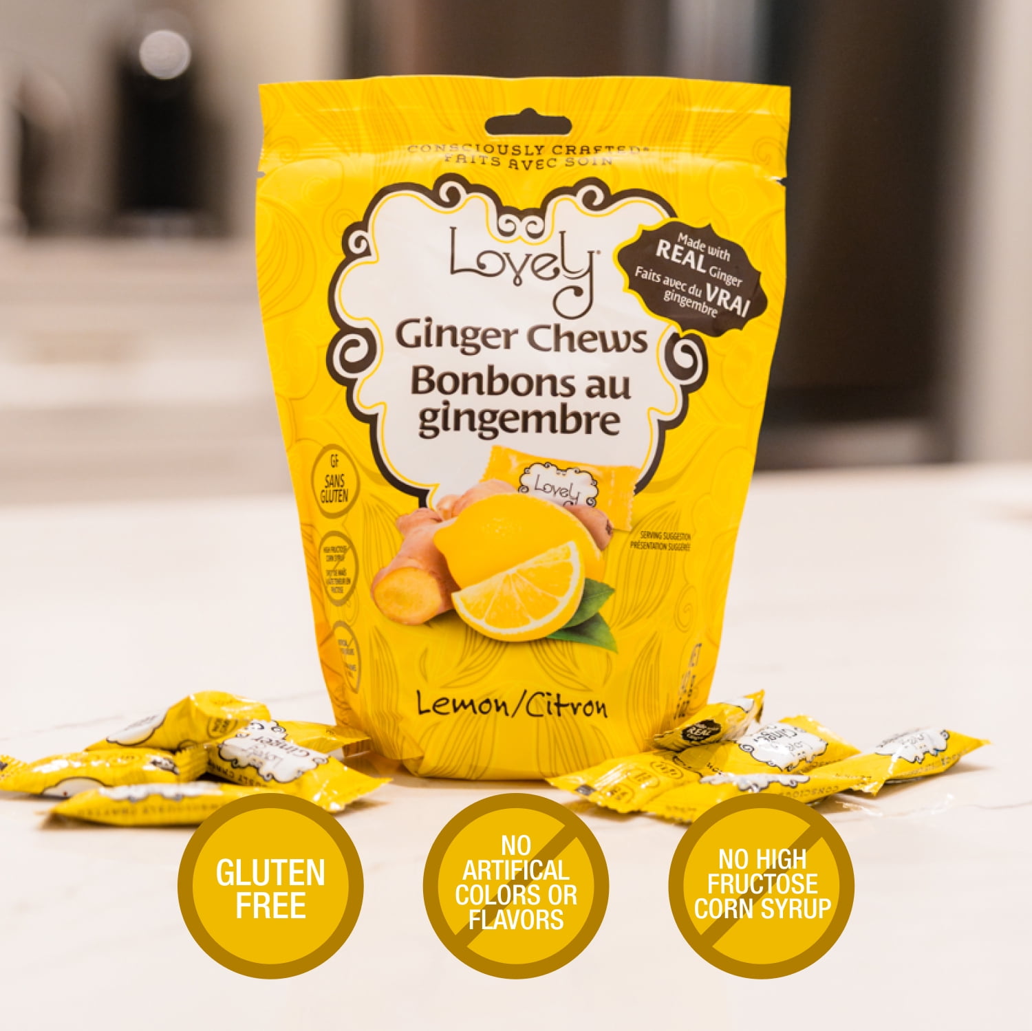Lovely Candy Co. Lemon Ginger Chews, Made with Real Ginger, Individually Wrapped Ginger Candy, 5 Ounce (Pack of 3) | Gluten-Free, Non-GMO, NO Artificial Ingredients, NO High Fructose Corn Syrup