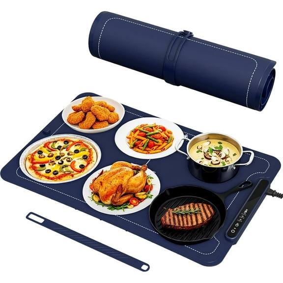 WAA 250W Electric Food Warming Mat 3 Temp (140/176/212F),Auto Shut-Off Child Lock,Roll-Up Silicone Heating Pad for Home/Buffet Daily Use,Blue