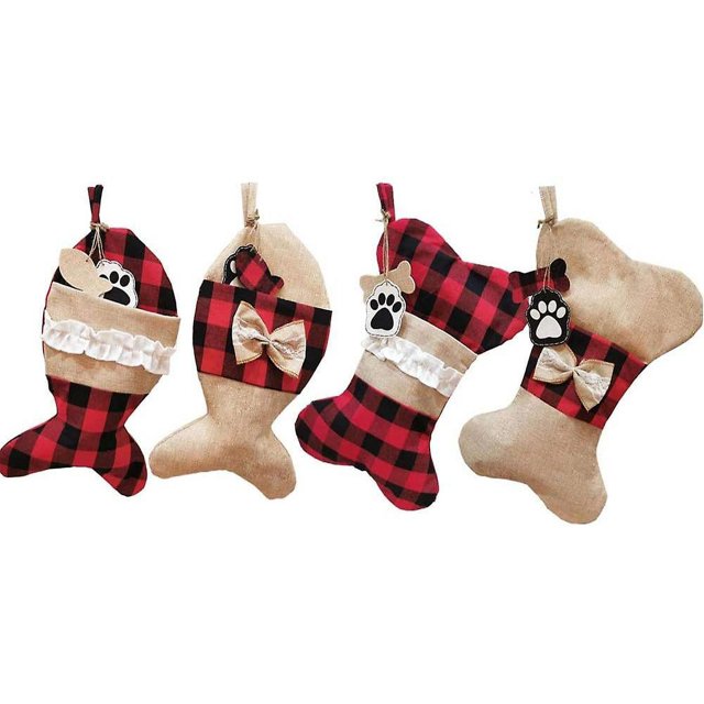 Juego de 4 medias navideñas para mascotas, de arpillera, a cuadros, para gatos, perros, calcetines colgantes para colgar en la chimenea, decoración navideña para el árbol