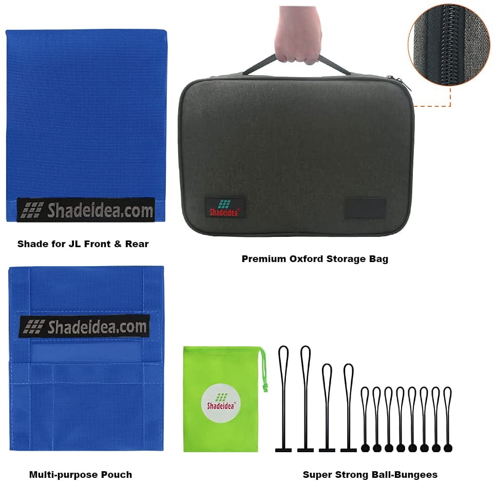 Shadeidea Jeep Wrangler Sunshade JL (2018-Current) 2 Door Sun Shade Front and Rear - Blue Mesh Screen Top Cover UV Blocker with Grab Bag - 10 Years Warranty