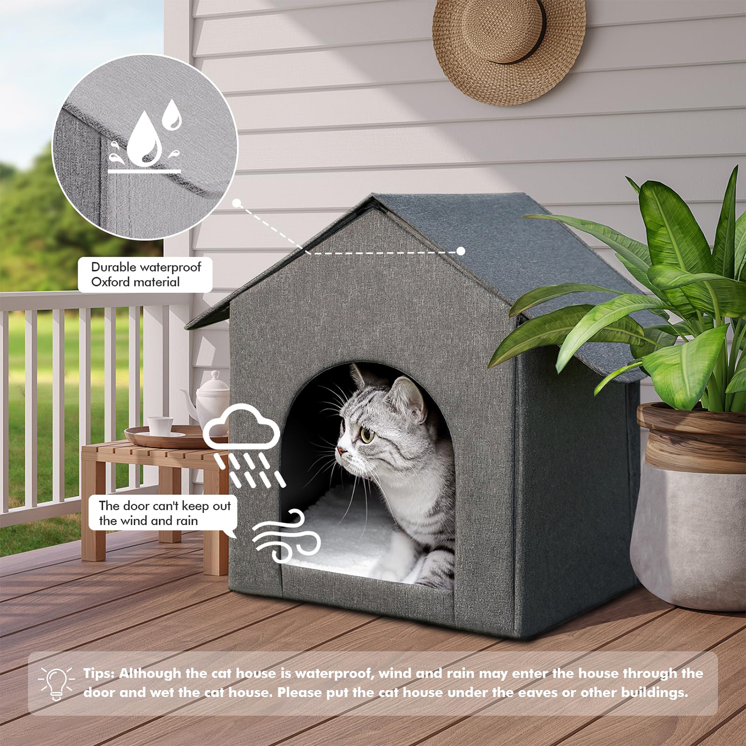 Cat Bed, POPO Foldable Cat House for In/Outdoor, 17 x 13 x17 inches Cat Tent, Gray