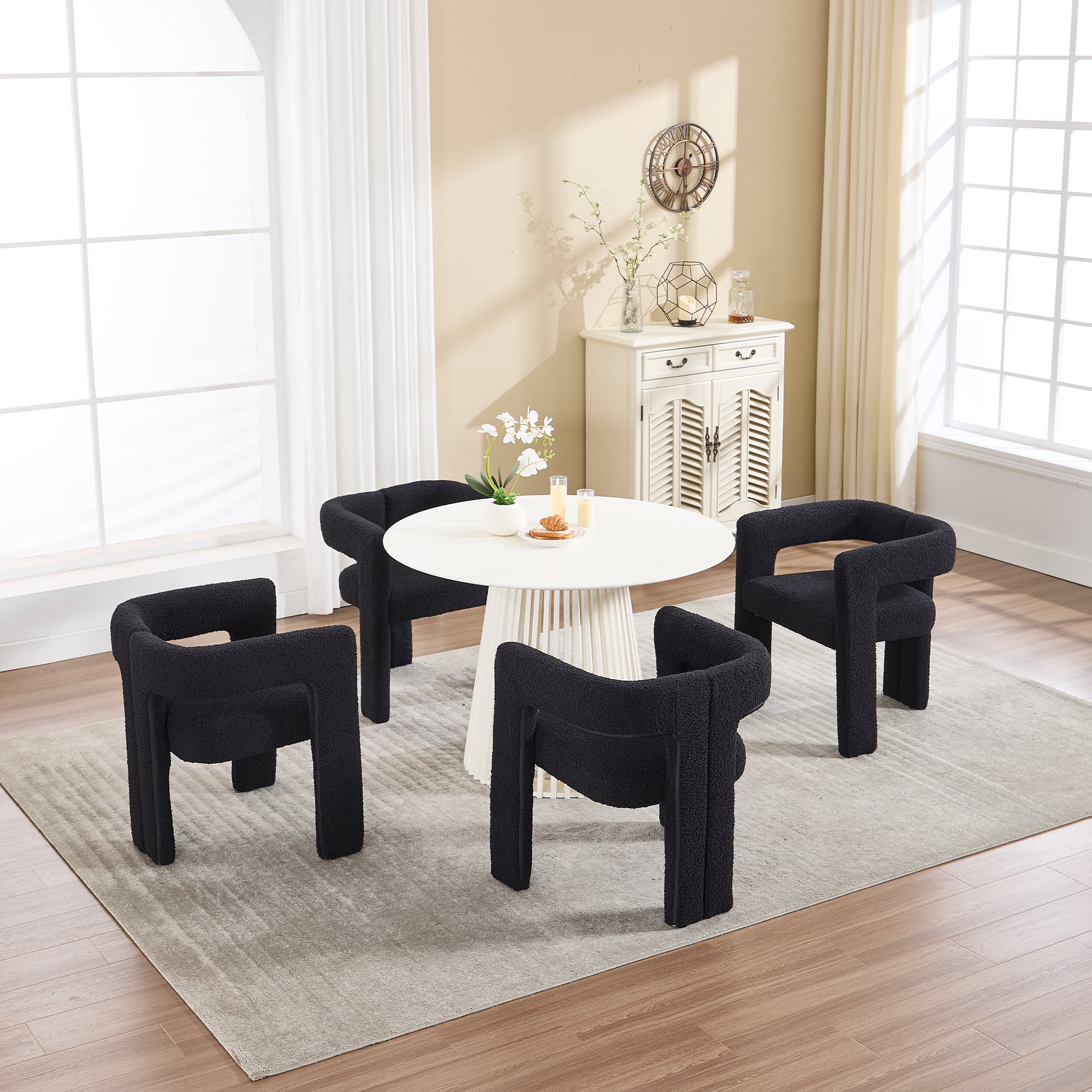 Guyou Modern Boucle Dining Chair Set of 2, Sherpa Upholstered Barrel Chair, Comfy Armchair with Open Backrest, Vanity Side Chair Accent Chair for Living Room Bedroom Dining Room, Black