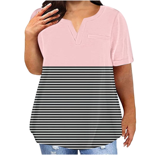 Fiudx Camisetas para Mujer Blusas de Talla Grande para Mujer, Blusa con Cuello En V, Blusa Informal Holgada de Manga Corta de Verano