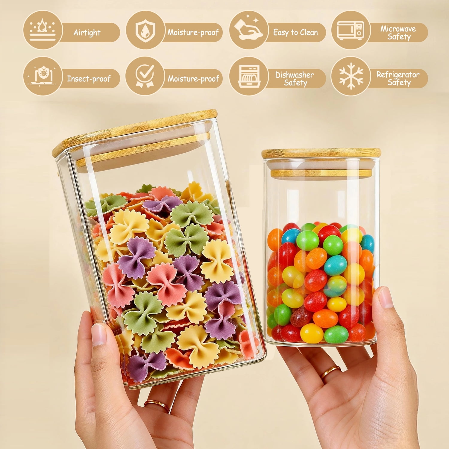 12 Pack Glass Storage Jars Set, 23oz & 37oz Clear Glass Food Storage Containers with Airtight Bamboo Lid, Stackable Kitchen Canisters for Candy, Cookie, Flour, Pasta, Nuts & Spice ( Labels + Marker)