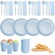 thumbnail image 1 of Juego de Vajilla de Paja de Trigo, 28 Piezas, sin BPA, con Tazón, Plato, Cuchara, Tenedor, Taza y Palillos, Apto para Lavavajillas y Microondas, para Picnic, Camping, Dormitorio (Azul), 1 of 4