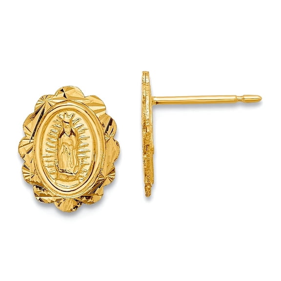 14k Solid Yellow Gold Sparkle-Cut Immaculate Conception Religious Medal Pendant Necklace Post Earrings 9.3x7.5mm Wide St