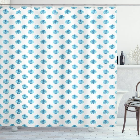 Shells Shower Curtain, Blended Aquatic Tone Watercolored Painting of Scallop Figures Pattern, Fabric Bathroom Set with Hooks, 69W X 84L Inches Extra Long, Blue Sky Blue and White, by Ambesonne