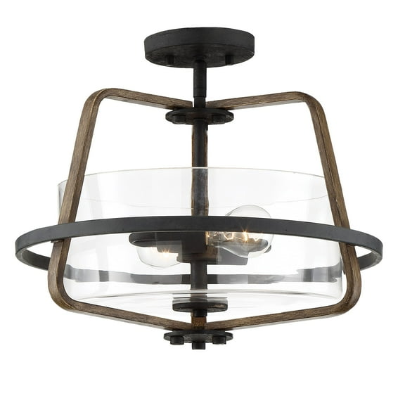 Ryder 16.5 in. 2-Light forged Black Rustic Entryway Semi-Flush Mount with Clear Glass Shade