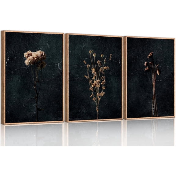 Moody Dark Orange Floral Framed Canvas Wall Art Set, Minimalist Wildflower Wall Decor, Black Flower Botanical Wall Painting, Modern Art Print for Living Room, Bedroom, Office 16"x24"x3