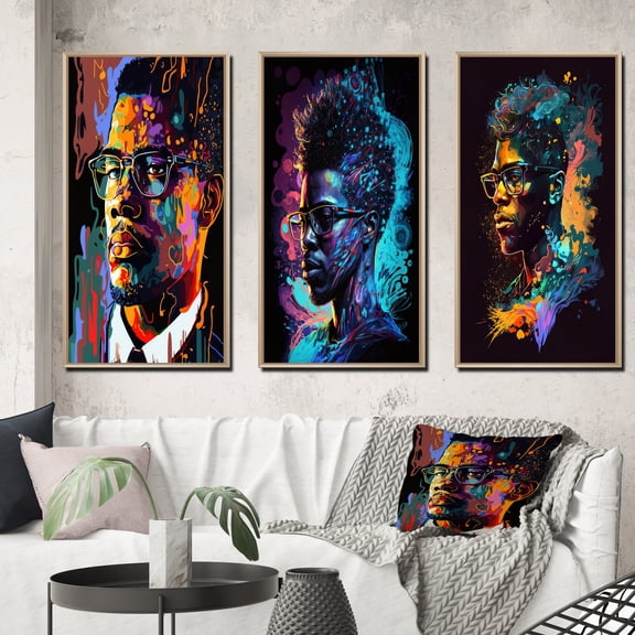 Designart "Malcolm X Celebrity Illustration III" Celebrity Framed Wall Art Set Of 3 - Yellow Celebrity Frame Canvas Set For Living Room Decor