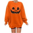thumbnail image 1 of Chandails en Molleton Visage de Citrouille d'Halloween pour Femmes Manches Longues Surdimensionnées Col Rond Orange Pull Tops, 1 of 7