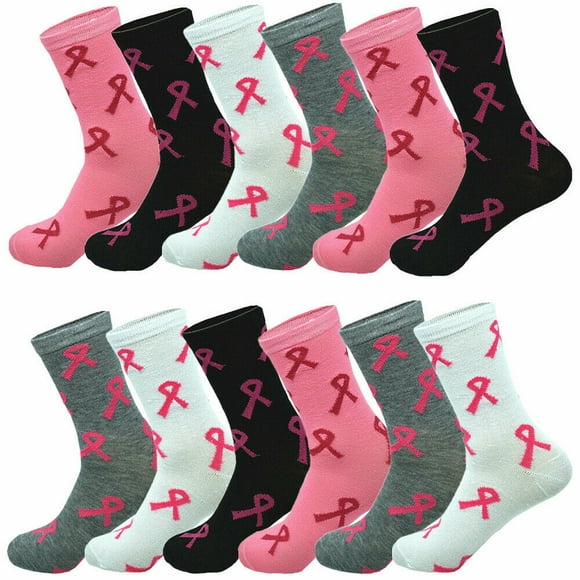 6-12 Pairs Women's Cotton Crew Socks Classic Casual Pink Ribbon Sign Size 9-11