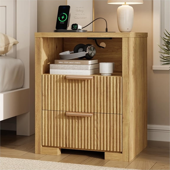Fluted Nightstand with Charging Station, Night Stand with 2 Drawers, End Table with Storage, Bed Side Table for Bedroom, Modern Nightstand for Living Room, Natural Oak