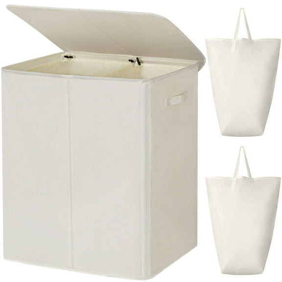 Large 154L Laundry Hamper with Sturdy Lid, 2 Section Design for Separating Lights and Darks, Removable Washable Bags, Foldable Clothes Basket for Home, Dorm, Beige