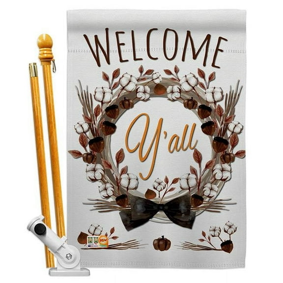 Breeze Decor BD-FL-HS-104092-IP-BO-D-US17-BD 28 x 40 in. Welcome Yall Cotton Reef Spring Floral Impressions Decorative Vertical Double Sided House Flag Set with Pole Bracket & Hardware