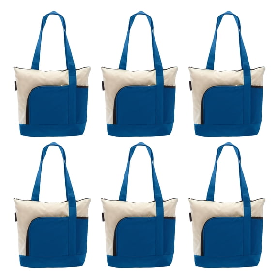 6 Zipper Polyester Tote Bags Set - Two-tone, Zipper Closure, Pen Loop - Blue