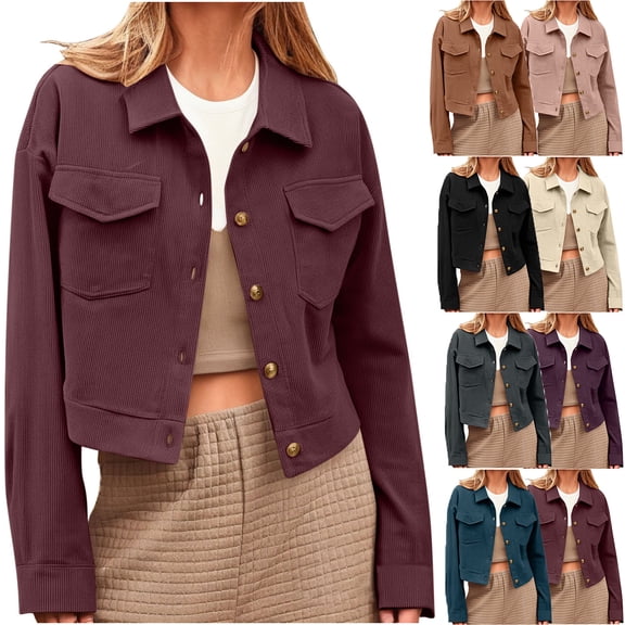 Admvng Cropped Shacket Jacket for Women Long Sleeve Pocket Short Casual Coat