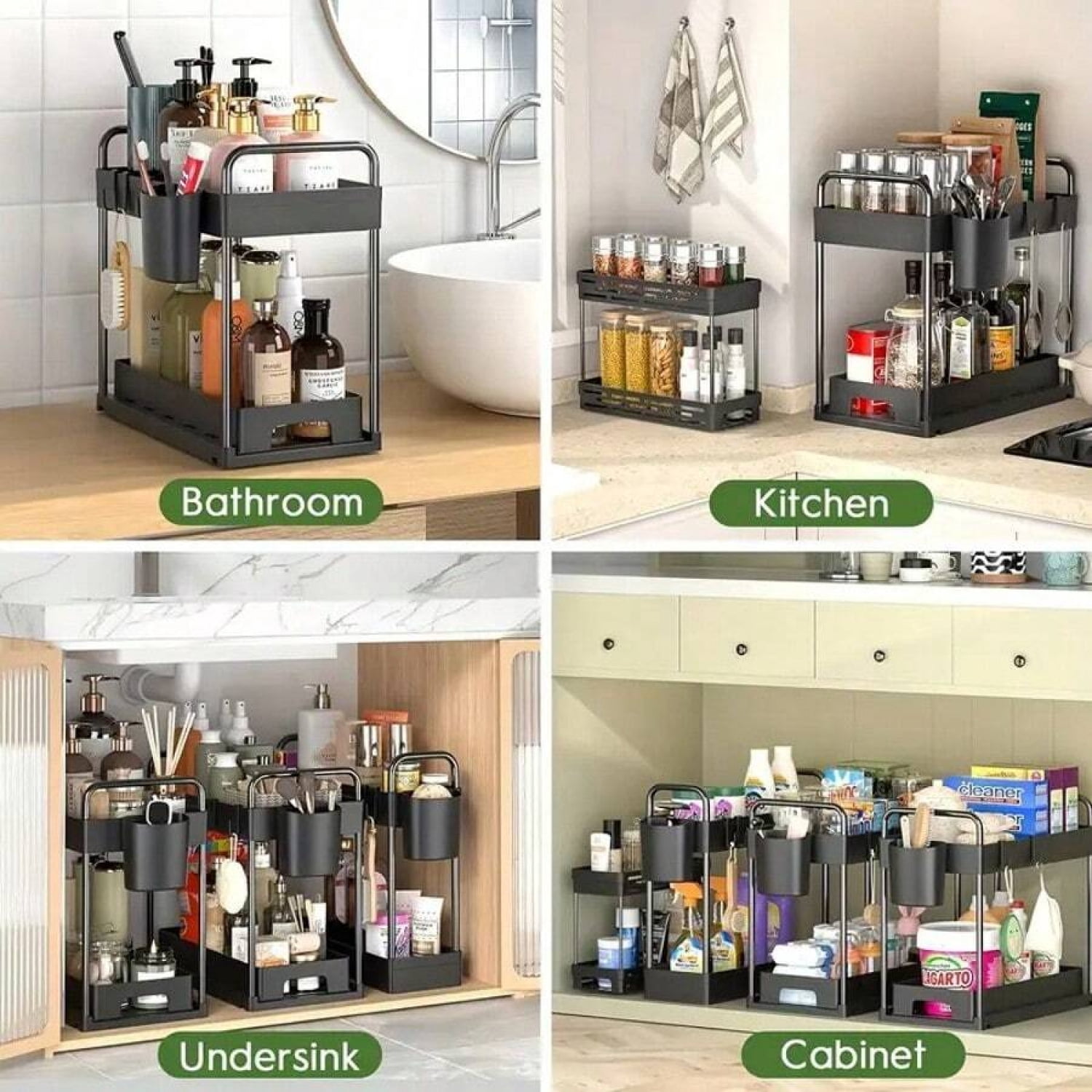 NTGFU 4 Pack Under Sink Organizer and Storage - Stackable 3 Size 2 Tier Bathroom Under The Sink Organizers Multi-Usage Kitchen Cabinet Organizers and Storage Sink Bath Shelf Baskets