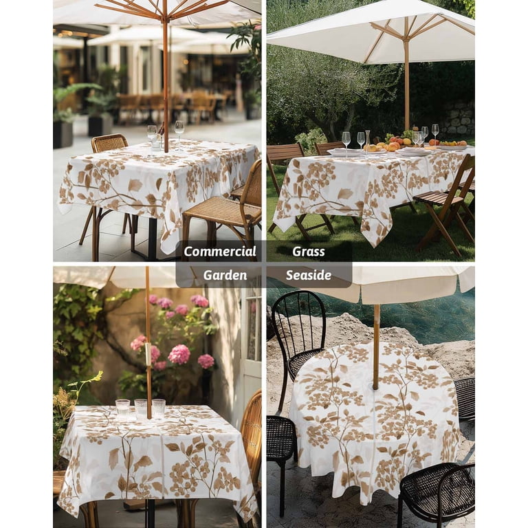 brown patio table cover with umbrella hole Outdoor Tablecloth with Umbrella Hole, Brown Fruit Spillproof Waterproof  Outdoor Table Cover, Vintage Plant Nature Botanical Flower Patio  Tablecloths