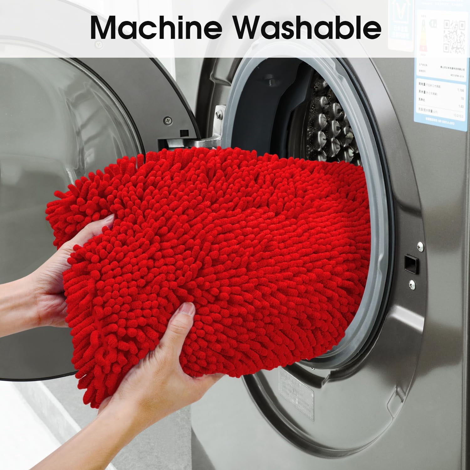 Chenille Bath Mat Set – 3-Piece Plush Bathroom Rugs with U-Shaped Toilet Mat & Lid Cover, Water-Absorbent, Soft and Durable, Red Color
