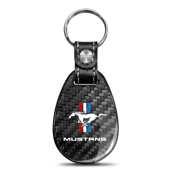 iPick Image for Ford Mustang Tri-Bar Real Black Carbon Fiber with Leather Strap Large Tear Drop Key Chain, Official Licensed