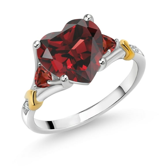 Gem Stone King 925 Silver and 10K Yellow Gold Red Garnet and White Diamond Engagement Ring for Women | 4.42 Cttw | Heart Shape 10MM | Gemstone January Birthstone | Size 5