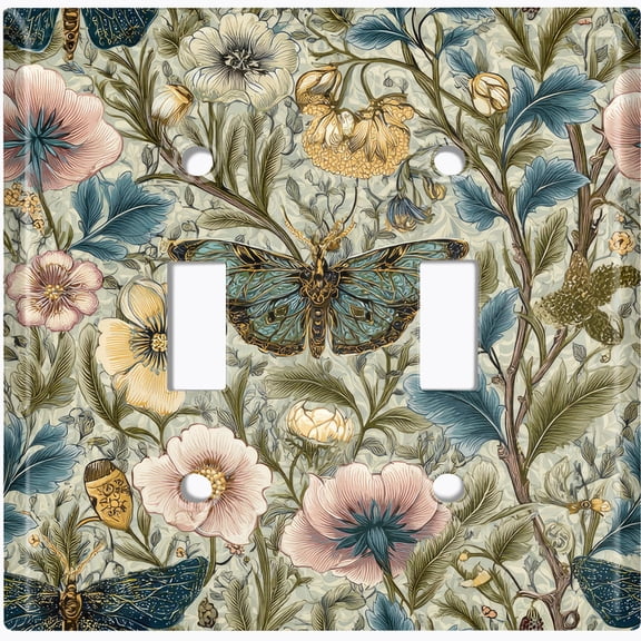 Metal Light Switch Wall Plate Outlet Cover (Printed Image of Vintage Botanical Butterfly - Double Toggle)