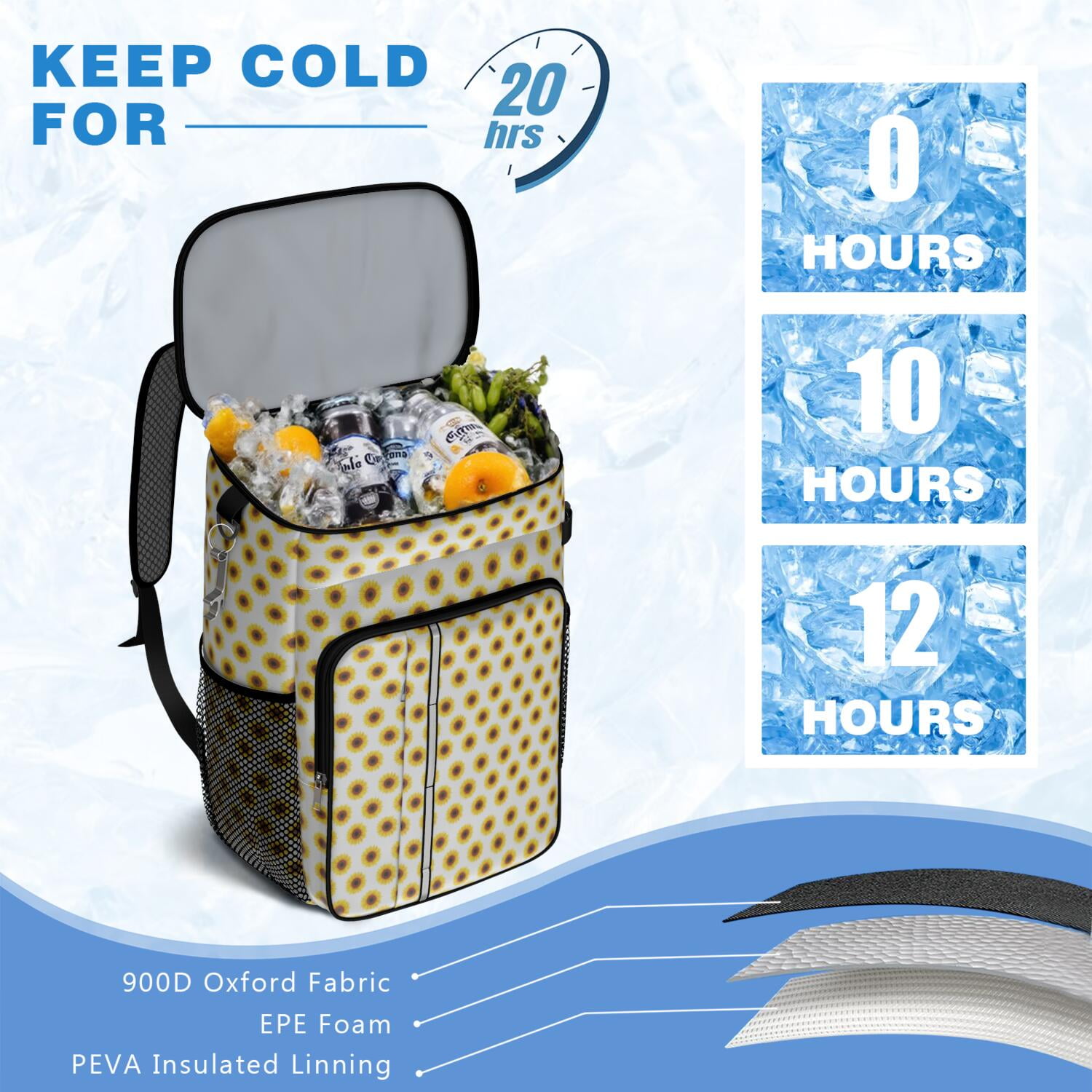 Travel Cooler Bag - White Sunflower Camping Beer Cooler Backpack with Bottle Opener- Waterproof Insulated Picnic Backpacks - Cooler Bag for Beach