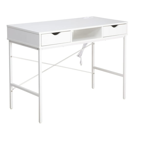 JJS 40' Writing Desk with Power Outlet, Home Office Contemporary Large Computer Desk Laptop Workstation with Drawer USB Ports Charging Station, White
